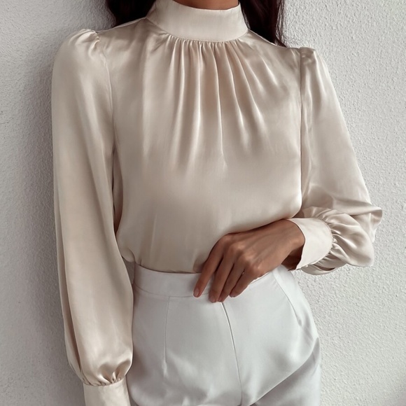 Classic High Neck pleated Satin long sleeve Top - Picture 9 of 11